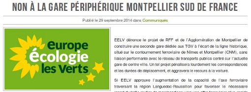 Extrait du communiqué d'EELV national contre la nouvelle gare TGV de Montpellier (copie d'écran du site EELV)