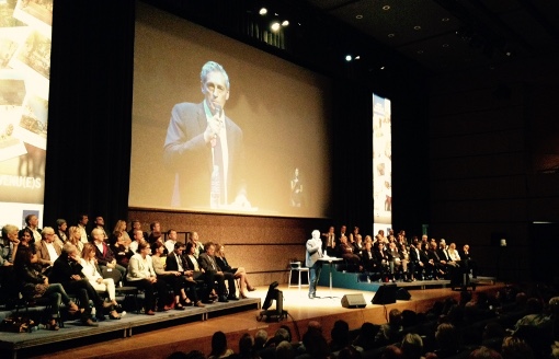 Philippe Saurel et les conseillers municipaux de Montpellier au Corum le 27 septembre 2014 pour l'accueil des nouveaux arrivants (photo : Lucie Lecherbonnier)