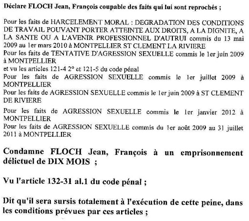 Extrait du jugement du tribunal correctionnel de Montpellier du 17 juin 2014 condamnant Jean-François Floch à 10 mois de prison avec sursis