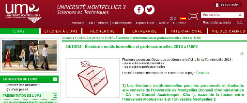 Elections à l'université Montpellier II (sciences) (copie d'écran du site de la fac)