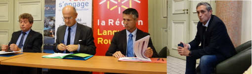 Damien Alary, Pierre Bousquet de Florian, Karim Touati (RFF) et Philippe Saurel à la préfecture de l'Hérault le 22 octobre 2014 (photos et montage : J.-O. T.)