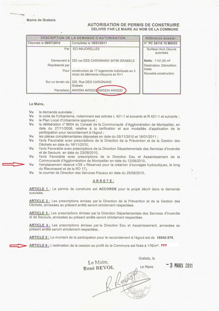 Permis de construire accordé à la SCI Majorelles par la commune de Grabels le 3 mars 2011