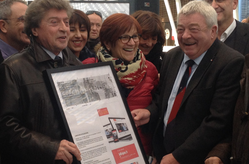 Damien Alary, président de la région Languedoc-Roussillon, Marie Meunier (lunettes) et Jean-Claude Gayssot, vice-présidents le 5 janvier 2015 lors du lancement officiel du "TER à 1€" (photo : Lucie Lecherbonnier)