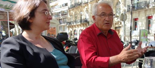 Muriel Ressiguier, candidate aux cantonales 2015 (canton 2 de Montpellier) et René Revol, maire Parti de gauche de Grabels le 3 septembre 2014 (photo : J.-O. T.)