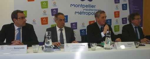 Bruno Genevois (cabinet Orfis), Christian Fina (directeur général des services de vla ville et la métropole), Philippe Saurel (président de la métropole), Max Lévita (président de la Serm) lors de la conférence de presse du 18 février 2015 sur l'audit de la Serm et de la Saam (Photo : J.-O. T.)