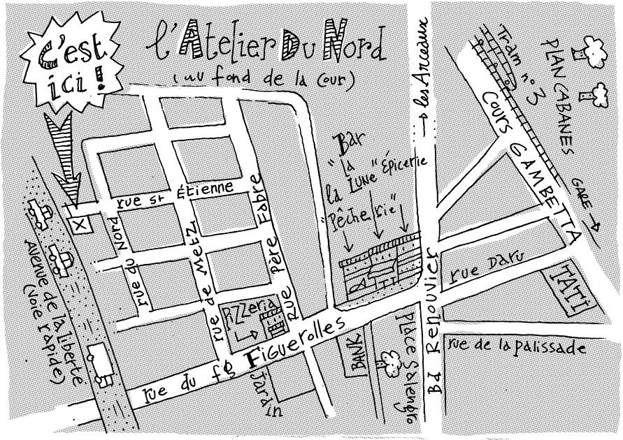 Plan d'accès à l'Atelier du nord à Montpellier (Figuerolles) (réalisation : Bertrand Lecointre)