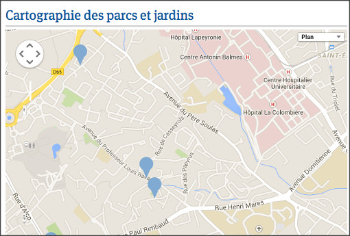 Extrait de la cartographie des parcs de Montpellier (source : ville de Montpellier, carte : Google)