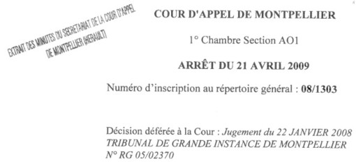 Entête de la décision de la cour d'appel de Montpellier du 21 avril 2009 concernant la commune de Grabels et la SCI Jonchris