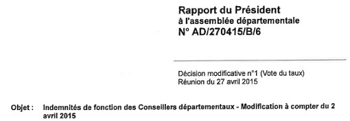 Entête de la délibération votée le 27 avril 2015 fixant les indemnités des conseillers départementaux de l'Hérault