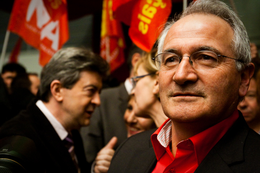 René Revol le 29 janvier 2010 lors d'un meeting avec Jean-Luc Mélenchon (photo : Xavier Malafosse)