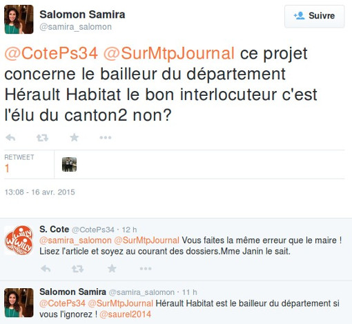 Echanges de Samira Salomon avec Sébastien Cote, proche de Michaël Delafosse, sur Twitter