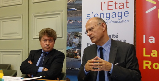 Damien Alary, président de la région Languedoc-Roussillon et Pierre de Bousquet de Florian, préfet de l'Hérault le 22 octobre 2014 (photo : J.-O. T.)