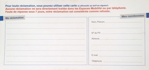 Carton pour contester un PV TAM