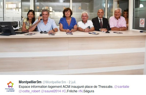 Sur le compte Twitter de la métropole de Montpellier le 2 juillet 2015 : Khanthy Phouthasang, Philippe Saurel, Claudine Frêche, Noël Ségura, Robert Cotte, Gérard Castre (copie d'écran)