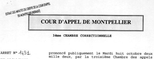 Entête de la décision de la cour d'appel de Montpellier de 2002 condamnant Pierre Dudieuzère pour corruption