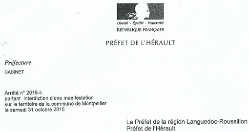 Entête de l'arrêté préfectoral interdisant une manifestation du comité BDS 34 à Montpellier