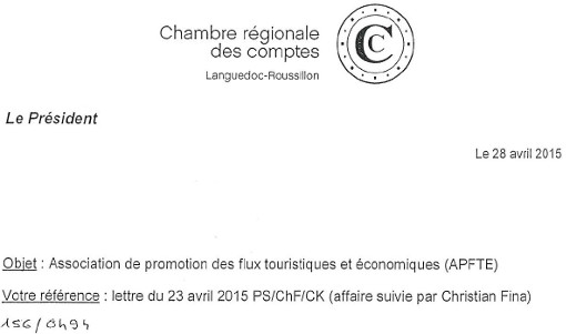 Entête du courrier daté du 28 avril 2015 adressé par le président de la Chambre régionale des comptes du Languedoc-Roussillon à Philippe Saurel sur les subventions aux compagnies aériennes low cost