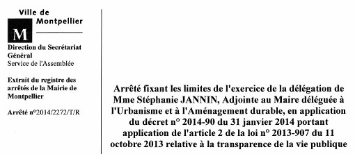 Extrait de l'arrêté signé par Philippe Saurel, le maire de Montpellier, fixant les limites de l’exercice de la délégation de Stéphanie Jannin, adjointe au maire déléguée à l’urbanisme et à l’aménagement durable