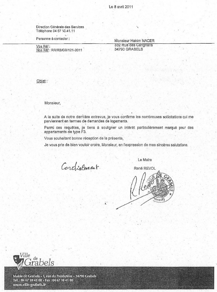 Lettre de René Revol à Abdelhakim Nacer du avril 2011 (source : mairie de Grabels)